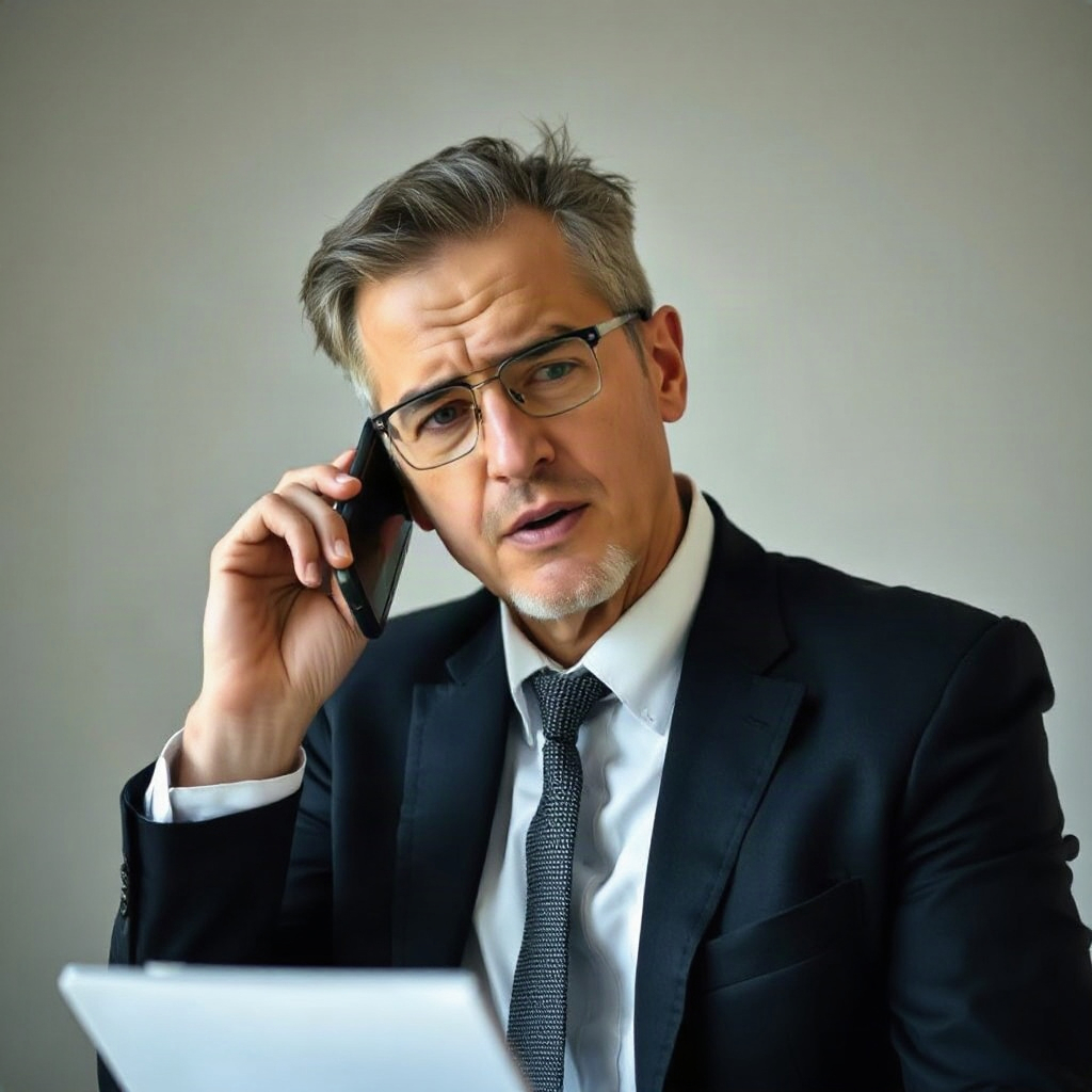 Person on phone with cautious or uncertain expression