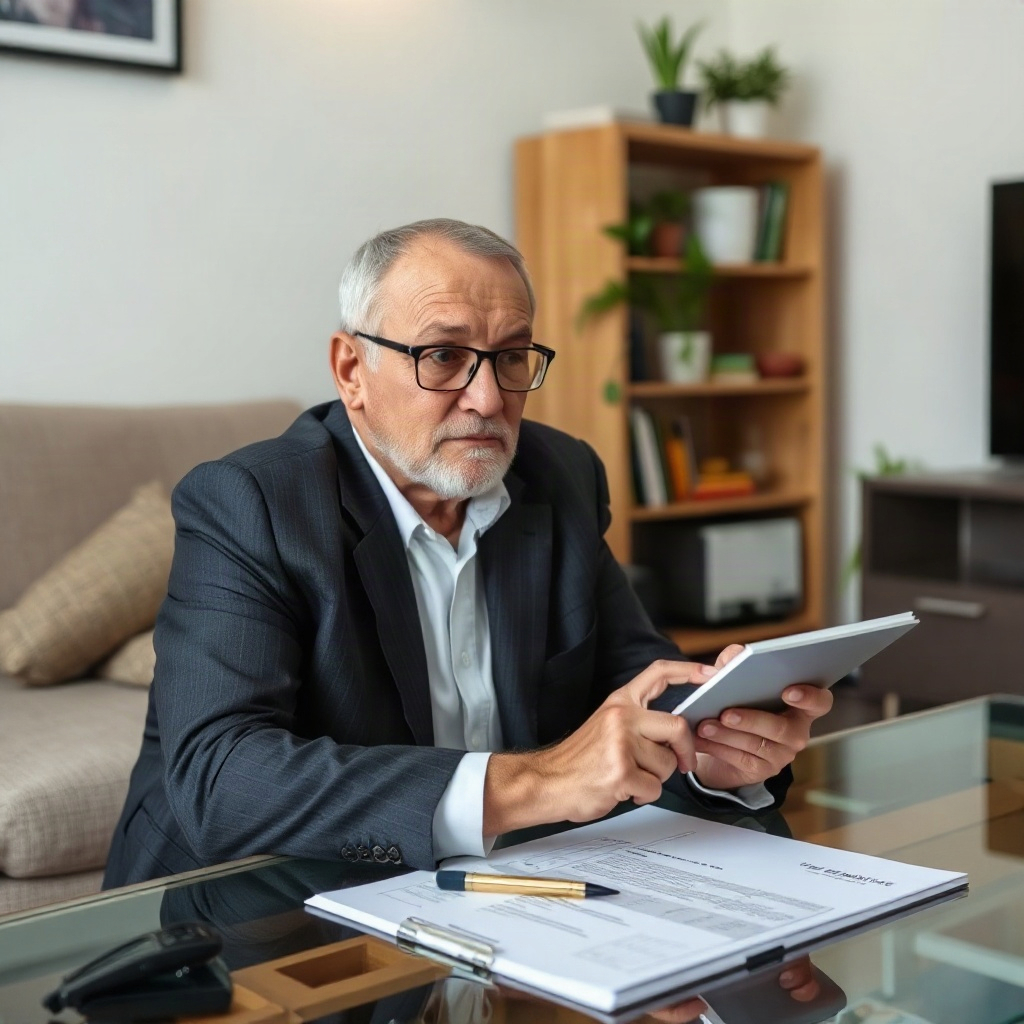 Person reviewing paperwork at home with insurance company letter and calculator